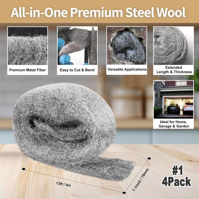 Shineboc Steel Wool Mice Control, 4 Pack of 3.1" x13 Ft #2 Steel Wool Roll Gap Filler for House Garage Garden, Keep Mice Away from Holes Siding Pipeline Vents Wood Metel Polishing, Very Coarse - Image 2